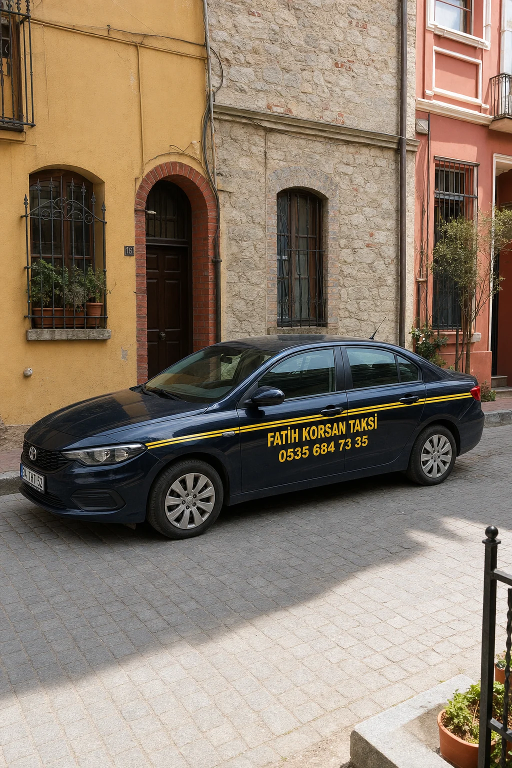 Balat sokağında park hâlindeki siyah Corolla tipi Fatih Korsan Taksi aracı