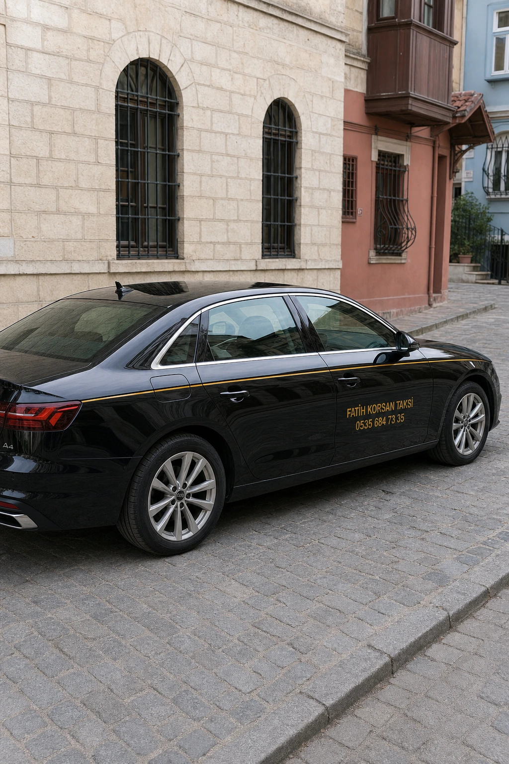 Balat sokağında park hâlindeki siyah Audi A4 Fatih Korsan Taksi aracı